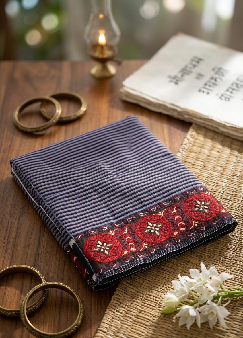 Mayek Naibi Phanek – Slate Grey Stripes with Crimson Heritage Border