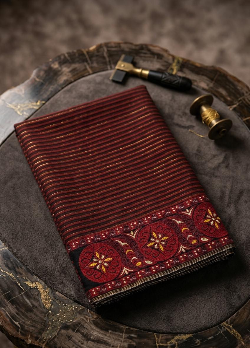 Mayek Naibi Phanek – Maroon Heritage Stripes with Traditional Border