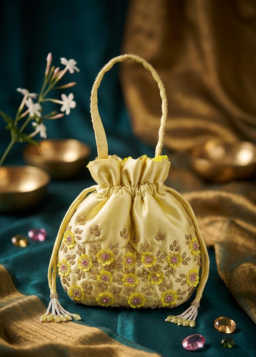 Golden Beige Floral Wedding Potli Bag