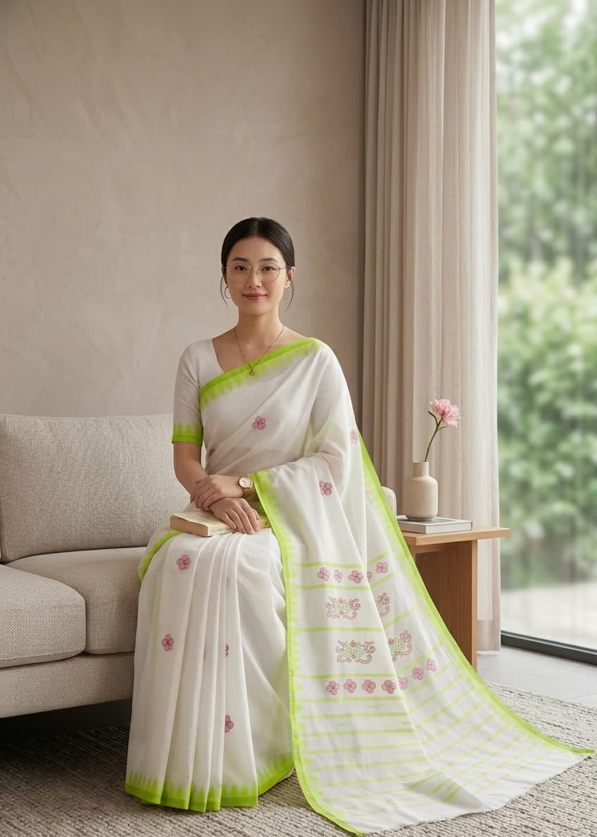 BEDA Heritage White & Lime Green Saree
