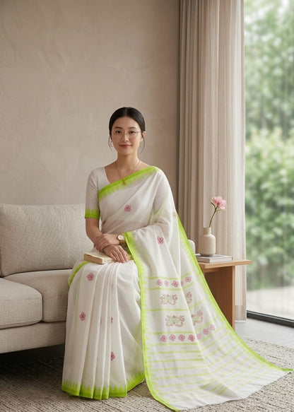 BEDA Heritage White & Lime Green Saree