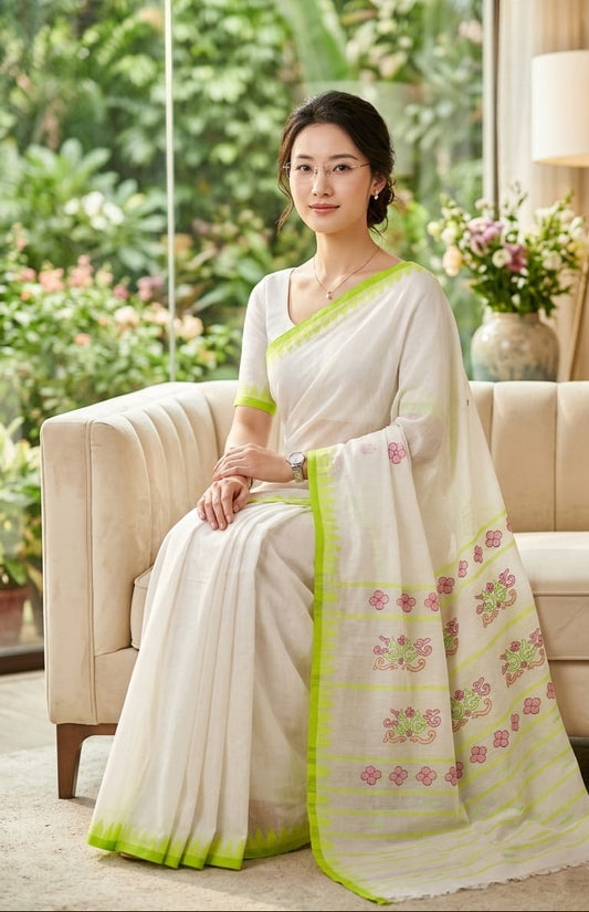 BEDA Heritage White & Lime Green Saree