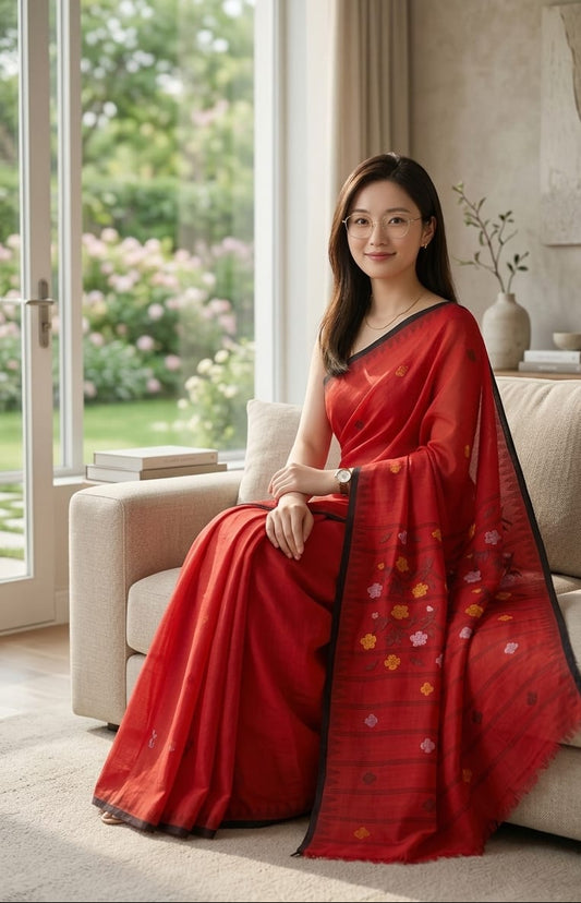 BEDA Heritage Red & Black Saree