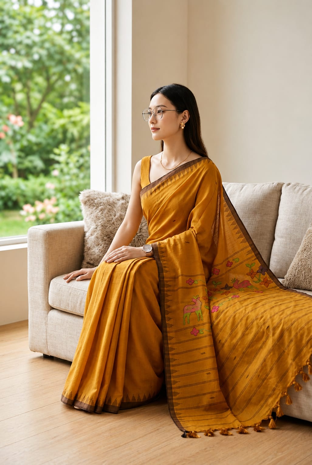 BEDA Heritage Golden Deer Saree