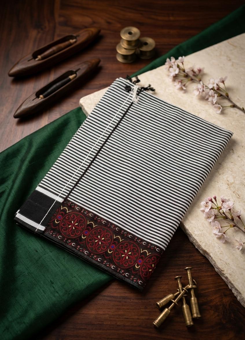 Mayek Naibi Phanek – Classic Black & White Stripes with Maroon Heritage Border