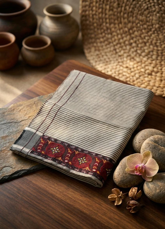 Mayek Naibi Phanek – Ivory Grey Stripes with Maroon Traditional Border