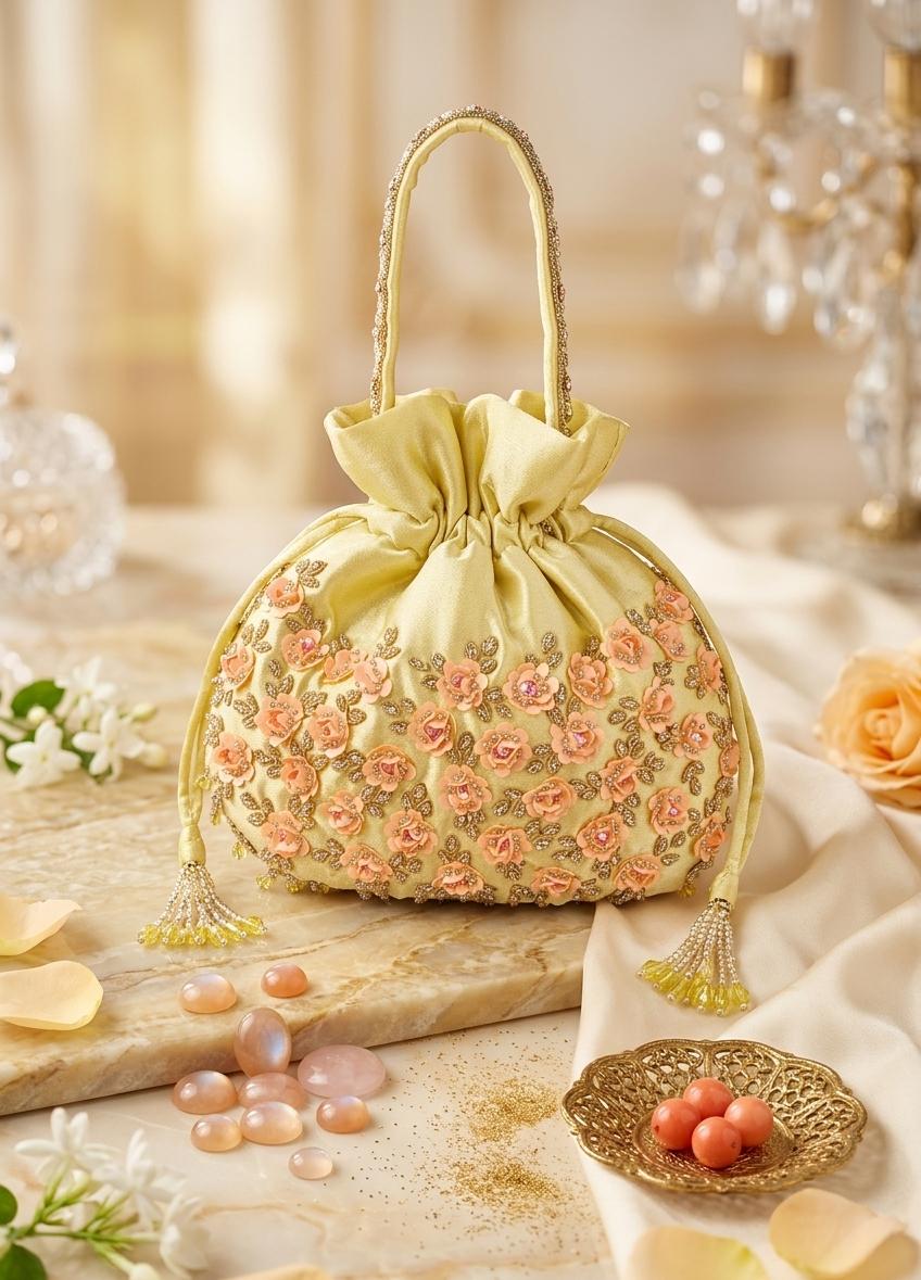 Champagne Gold Floral Wedding Potli Bag