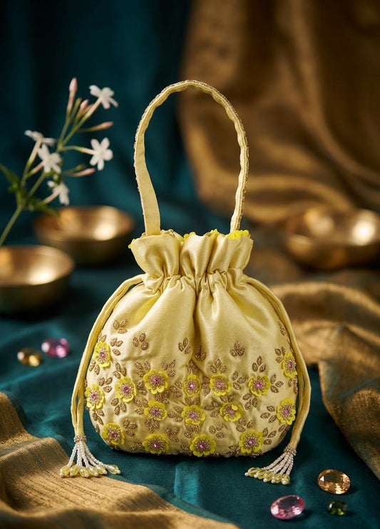 Golden Beige Floral Wedding Potli Bag