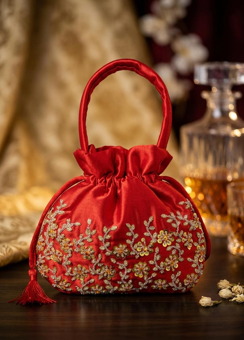 Ruby Red Floral Wedding Potli Bag