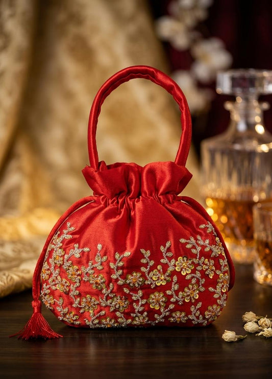 Ruby Red Floral Wedding Potli Bag