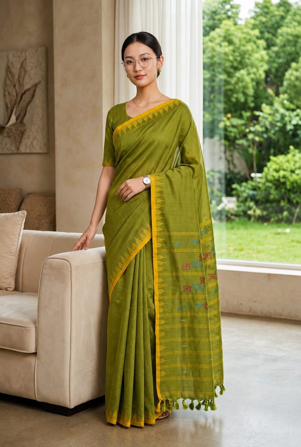 BEDA Heritage Olive Bloom Saree