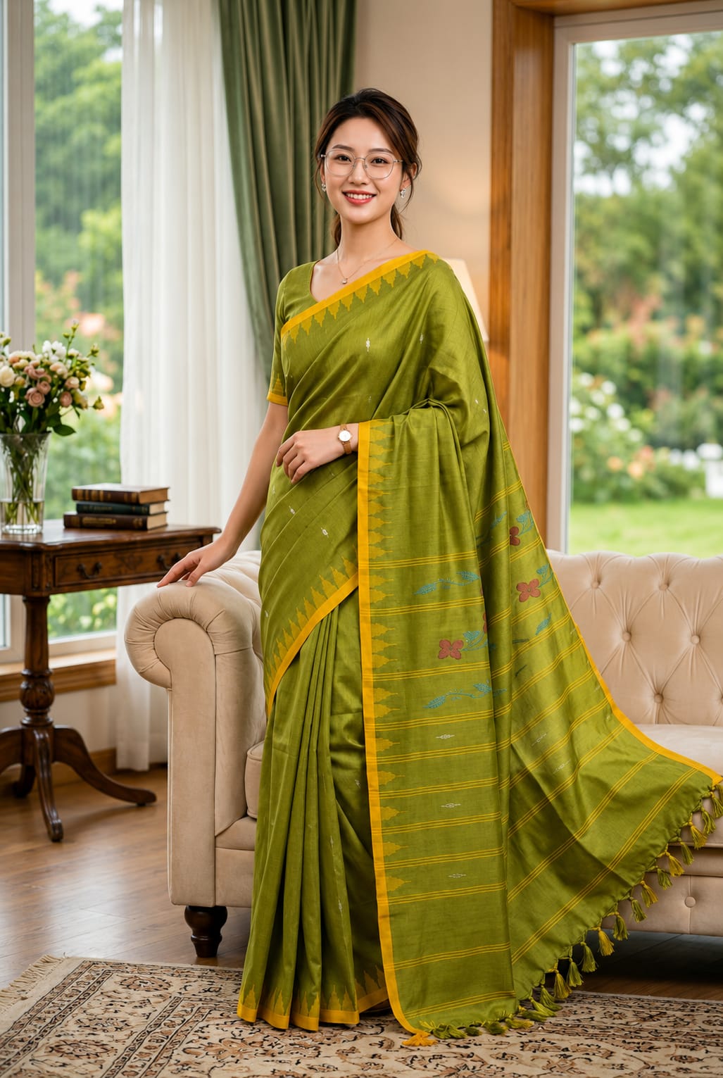 BEDA Heritage Olive Bloom Saree