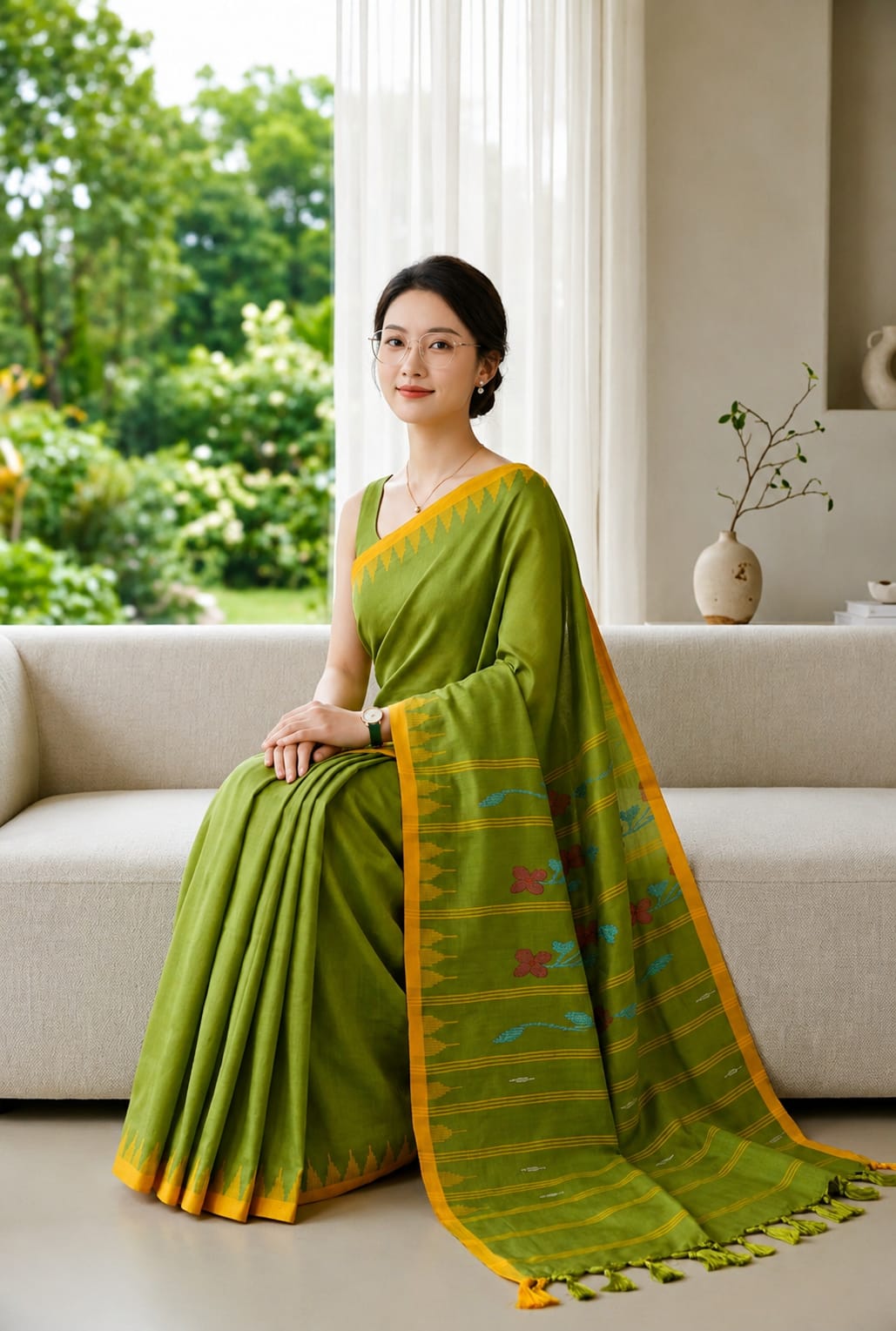 BEDA Heritage Olive Bloom Saree
