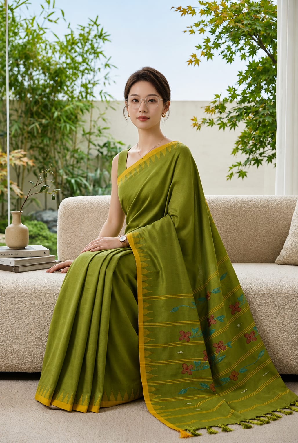 BEDA Heritage Olive Bloom Saree